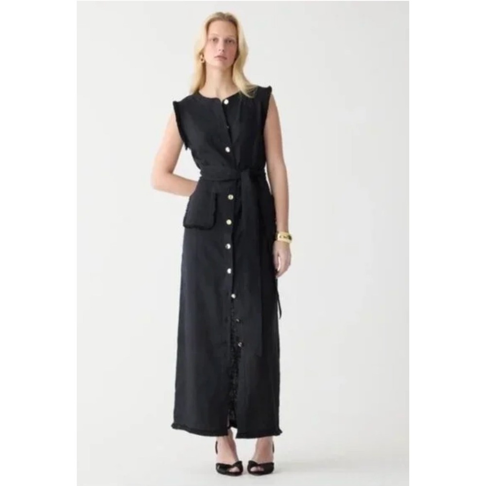 J Crew Black Raw Hem Linen Button‎ Front Belted Maxi Shirtdress Sz XL: Preppy